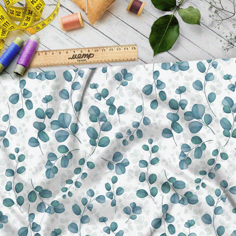 Ткань лён крупные полупрозрачные листья на белом фоне