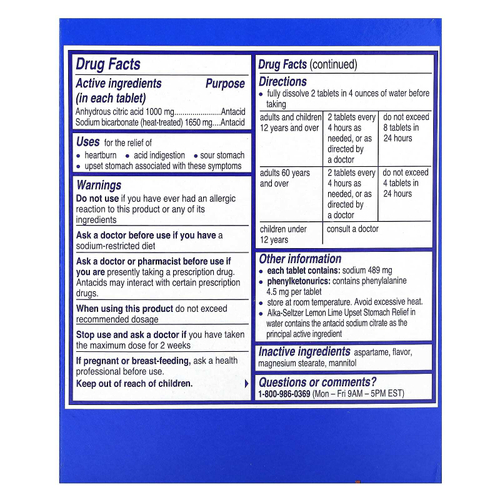 Alka-Seltzer, средство для расстройства желудка, лимон и лайм, 36 шипучих таблеток
