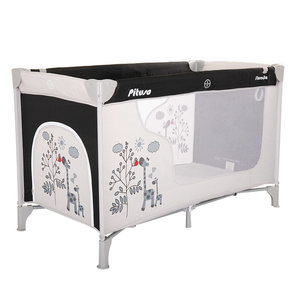 PITUSO Манеж-кровать Florecita Black/Черный,1 уровень,2 кольца,2 колеса,лаз на молнии,125X65X78 см