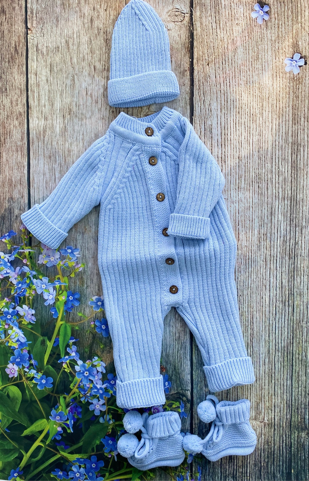 Вязаный комплект на выписку 6 предметов  "Twin" (Од. ут., бант, пин., комбинезон, шапка, нат. компл) (Цвет: Фиолетовый)