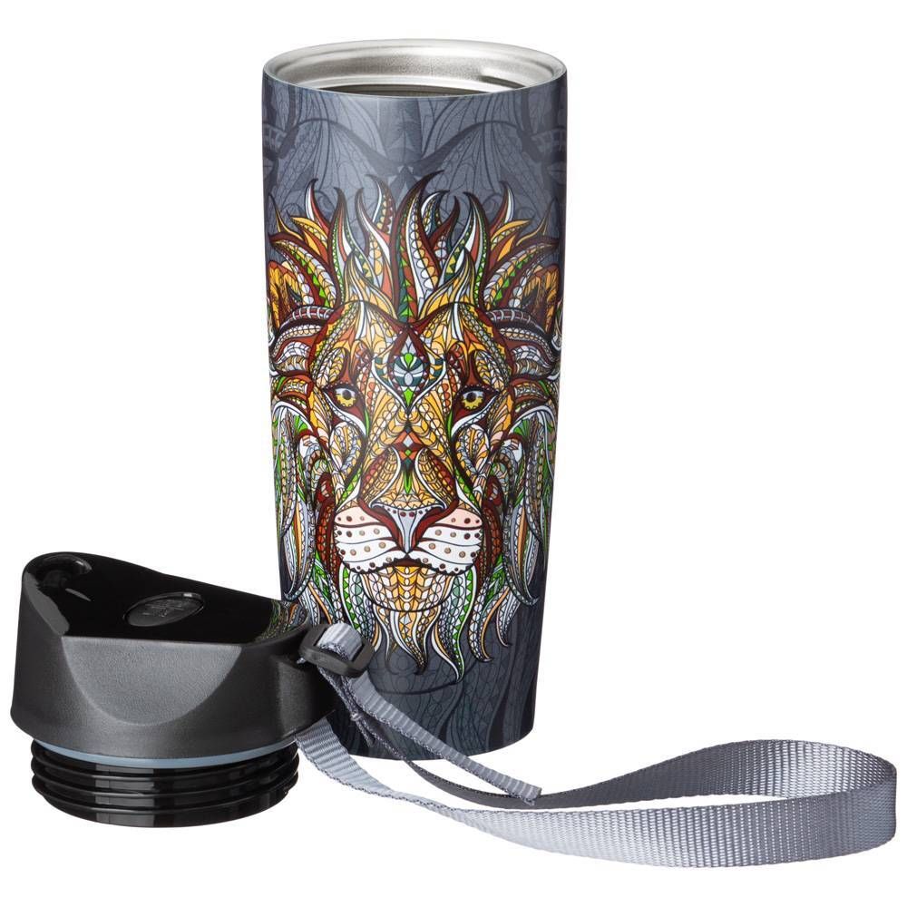 ТЕРМОКРУЖКА AGNESS "ЛЕВ" С КНОПКОЙ-СТОППЕРОМ, 360МЛ КОЛБА НЕРЖ.СТАЛЬ