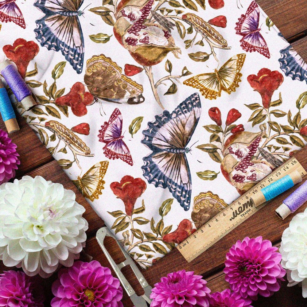 Ткань барби красные цветы, гранаты и бабочки