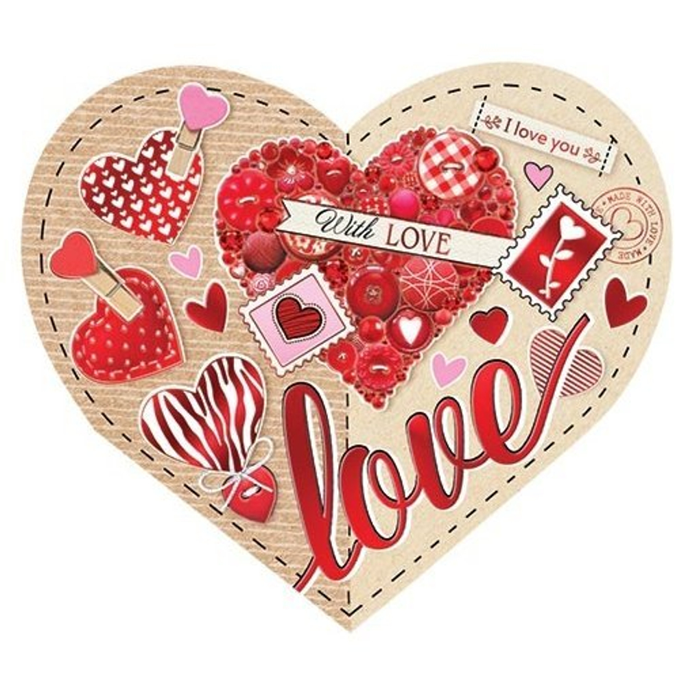 Открытка двойная, "Любовь", 257*159 мм, с текстом, фольга рельеф, форма-сердце