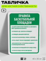 Табличка для частной территории "Правила баскетбольной площадки", на дом, для участка, организаций и частных территорий, предупреждающая, 40х30 см, Silver Plane x Айдентика Технолоджи