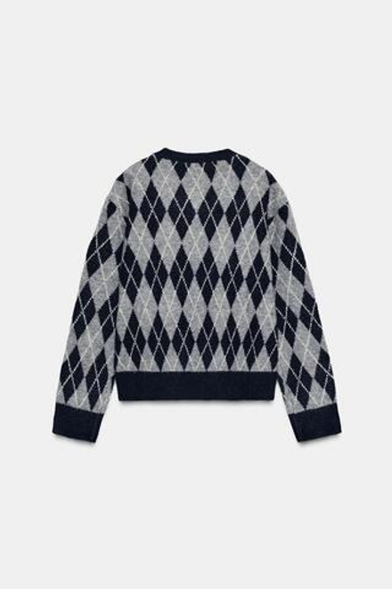 ZARA СВИТЕР С УЗОРОМ «РОМБЫ», СЕРЫЙ/СИНИЙ