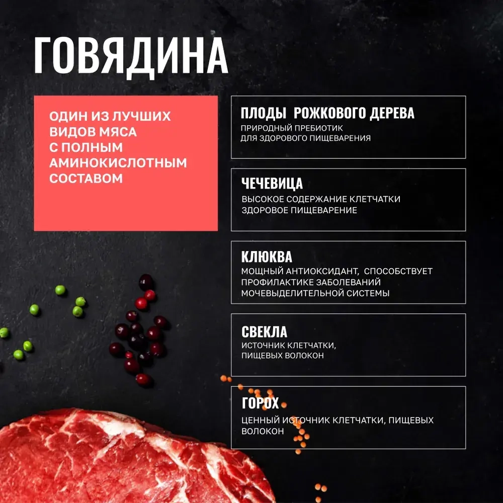 ОДНО МЯСО Сухой корм для взрослых собак всех пород с говядиной, 0,8 кг