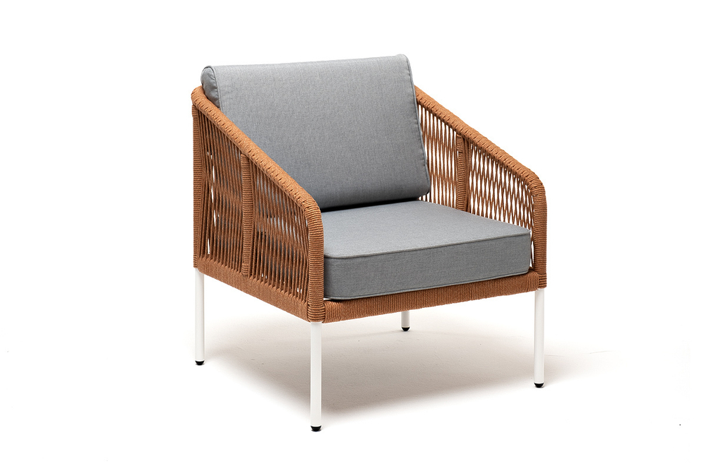 "Канны" кресло плетеное из роупа, каркас алюминий светло-серый (RAL7035) муар, роуп светло-серый круглый, ткань светло-серая