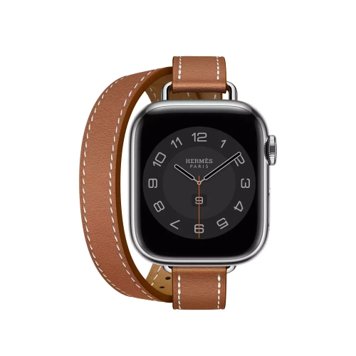 Apple Watch Series 8 Hermes 41mm, двойной тонкий кожаный ремешок коричневого цвета