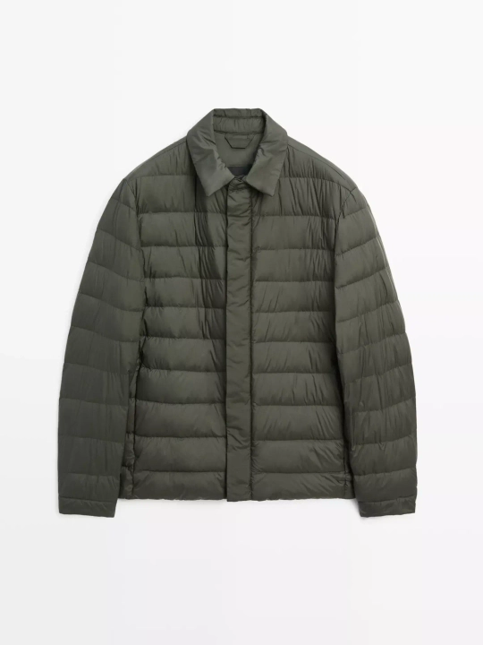 Massimo Dutti Непромокаемая легкая парка из смесового пуха, темный хаки