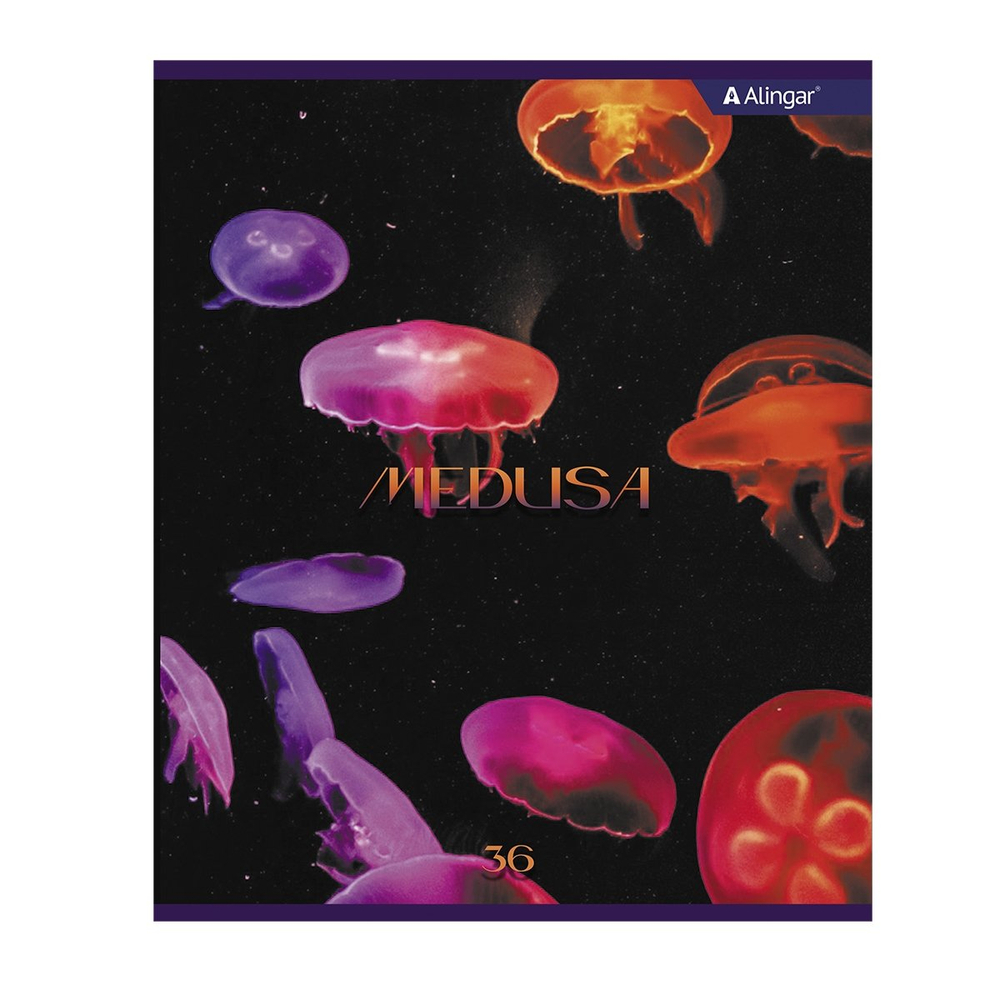 Тетрадь 36 л., А5, клетка, Alingar "Медузы", скрепка, второй блок, мелованный картон (стандарт), 4 дизайна в пленке т/у