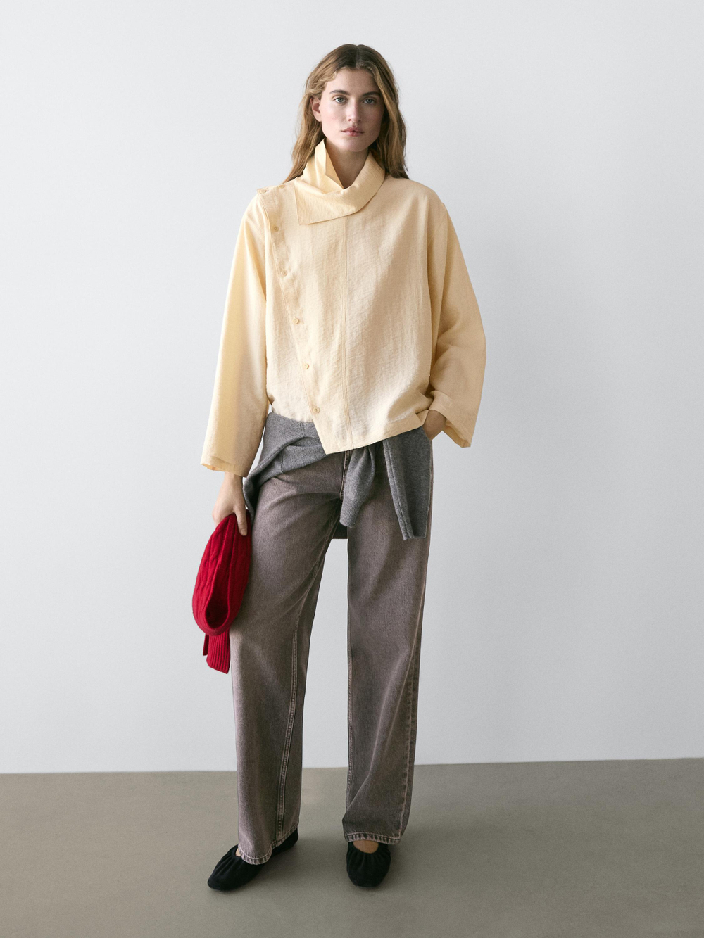 Massimo Dutti Рубашка с диагональной планкой на пуговицах, натуральный/кремовый