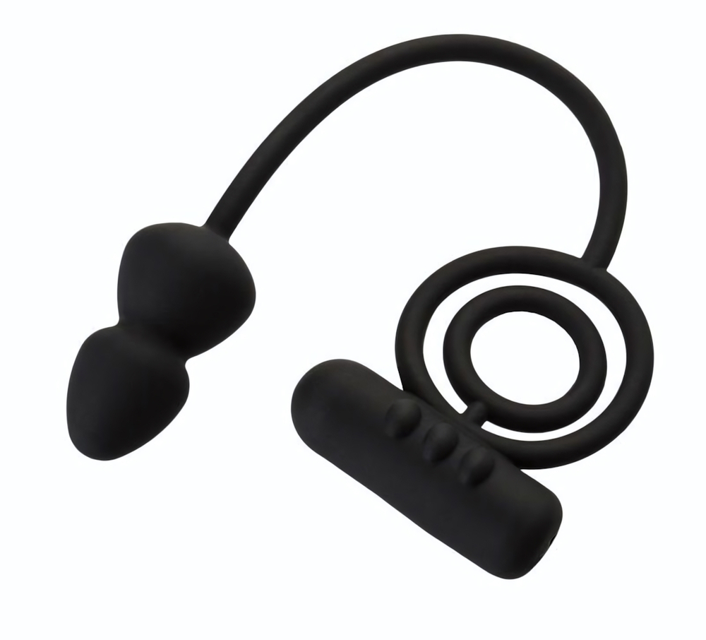 Чёрное эрекционное кольцо с вибропулькой и анальным хвостом (Цвет: черный)