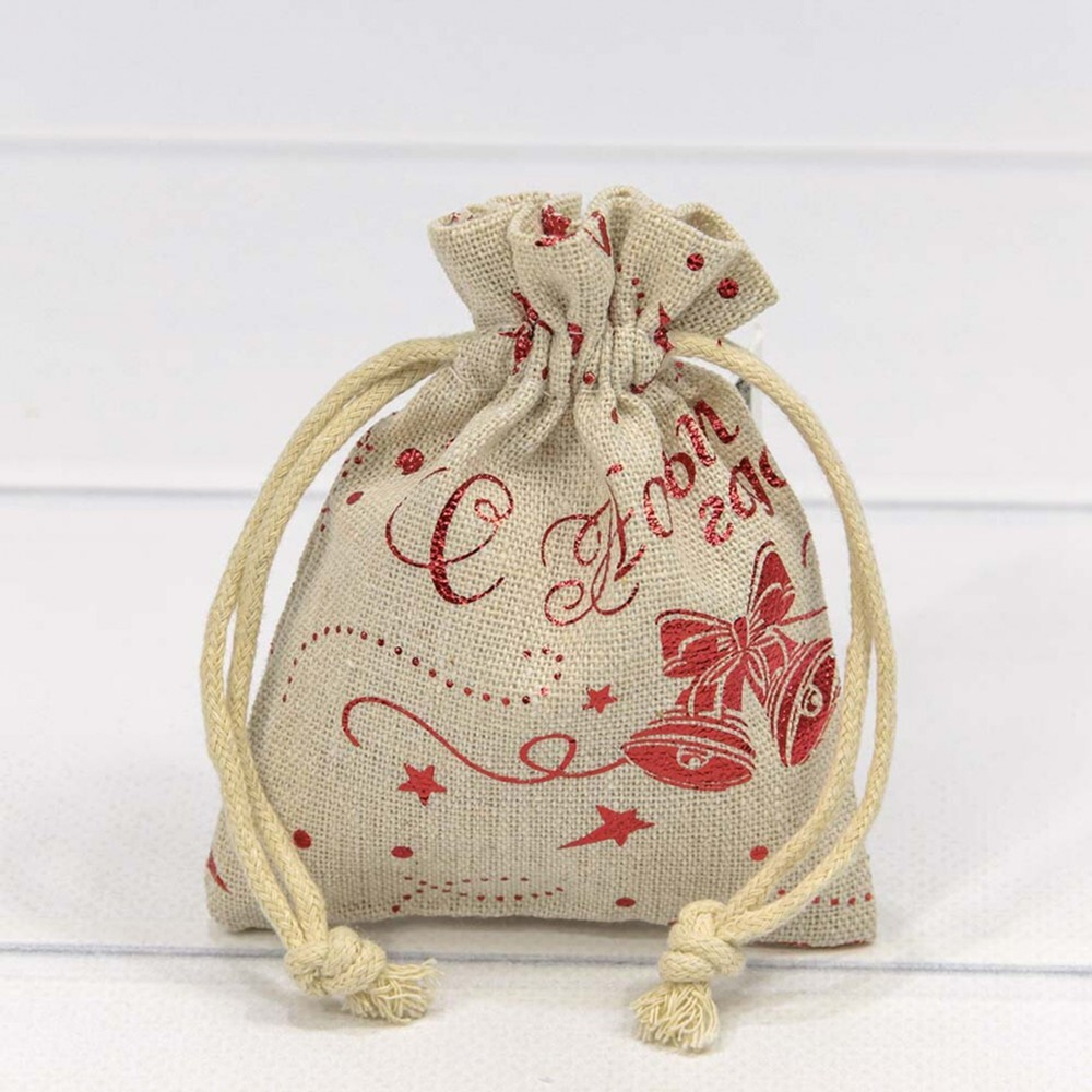 Мешочек 9 х 12 см "С новым годом" с рисунком искусственный лен (коричневый)