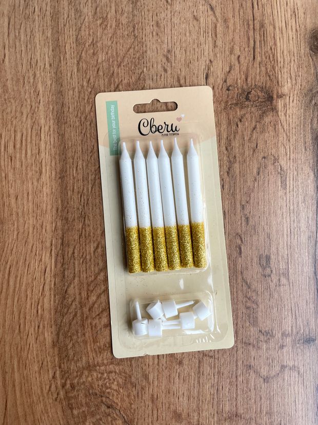 Свечи Сверкающий глиттер, Белый/Золото, с блестками, 0,77*8 + 1 см, 6 шт. с держат.