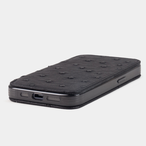 Чехол для iPhone 15 Pro Max из кожи страуса, черного цвета