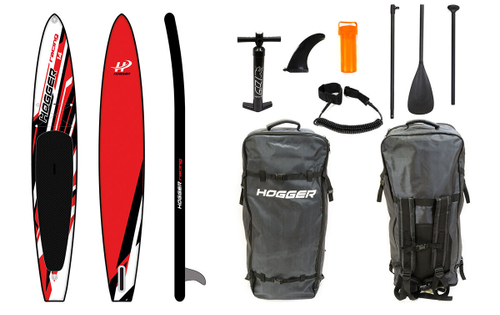 SUP доска HOGGER Racing 14" надувная гоночная, drop-stich двухслойная технология, красный/черный