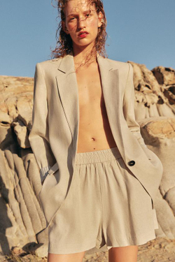 ZARA ШОРТЫ ИЗ СМЕСОВОГО ЛЬНА С ЭЛАСТИЧНЫМ ПОЯСОМ, СВЕТЛО-БЕЖЕВЫЙ