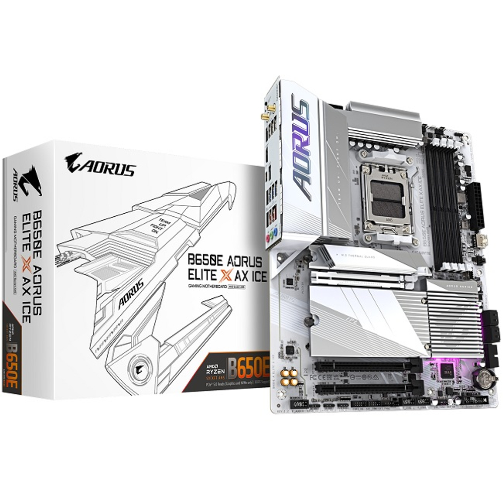 Материнская плата GIGABYTE B650E AORUS ELITE X AX ICE (AM5/AMD B650E/4xDDR5/3xPCI-Ex16/M.2/SB/Wi-Fi/BT/GLAN/DP/HDMI/ATX)