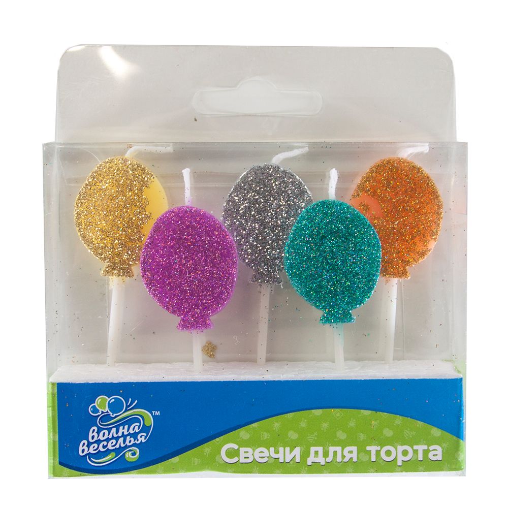 Свечи Воздушные шарики, Ассорти, с блестками, 2,3*3 см, 5 шт. с держат.