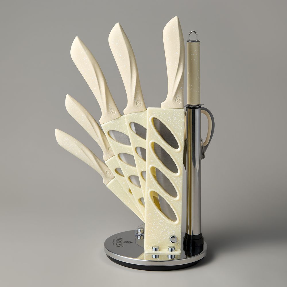 НАБОР НОЖЕЙ AGNESS С НОЖНИЦАМИ И МУСАТОМ НА ПЛАСТИКОВОЙ ПОДСТАВКЕ, 8 ПРЕДМЕТОВ