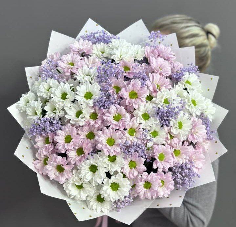 Букет из 13 кустовых хризантем с сиреневыми гипсофилами