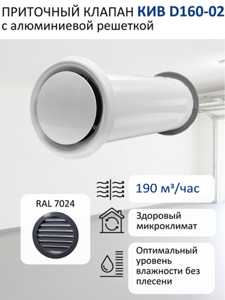 Приточный клапан КИВ D160 круглый с алюминиевой решеткой RAL7024, серый графит