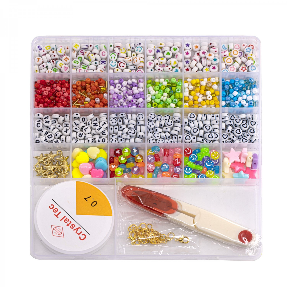 Набор для создания украшений-бусины и бисер Alingar, 170х165х18мм, "Смайл", 13 вид.бус.,подвес,бисер,1х6.5м леска,ножницы, коробин, пласт.пенал