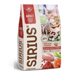 Полнорационный сухой корм SIRIUS PREMIUM для взрослых кошек, Мясной рацион, Пакет 10 кг