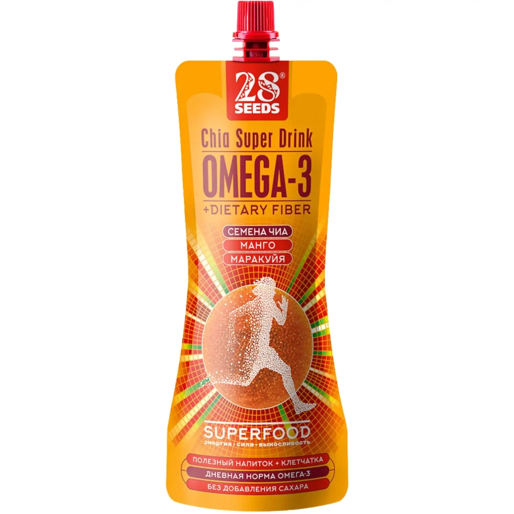 Напиток ЧИА ОМЕГА-3 «Манго + Маракуйя» 250 мл 28SEEDS — вид спереди упаковки