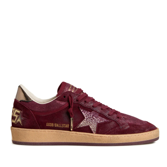 Женские кеды Golden Goose Ball Star Burgundy Suede with Crystal Star and Metallic Heel Tab