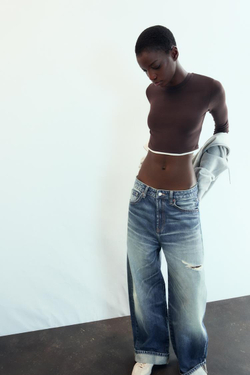 ZARA УКОРОЧЕННАЯ ФУТБОЛКА С ДВОЙНЫМ ЭФФЕКТОМ, КОРИЧНЕВЫЙ