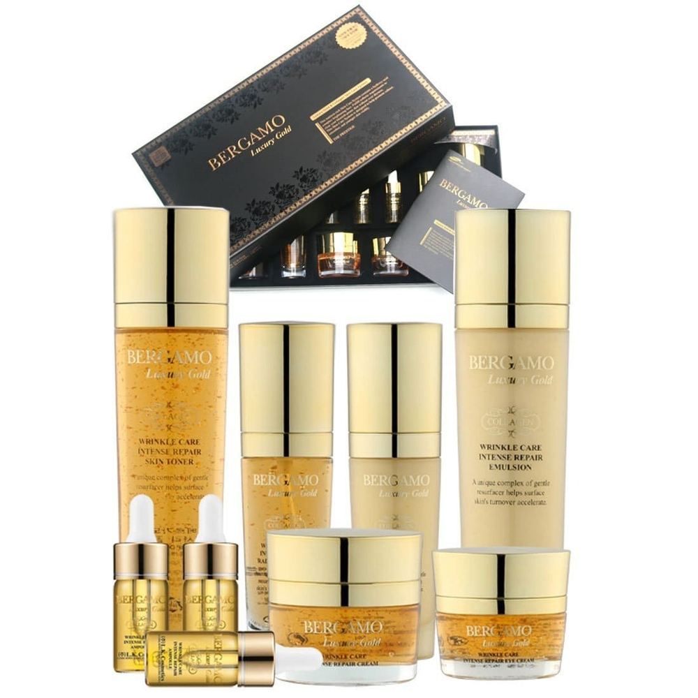 Набор для ухода за лицом Bergamo Luxury Gold and Collagen 9 Set с золотом и коллагеном (тонер, эссенция дневная, эссенция ночная, крем для век, крем для лица, эмульсия, сыворотка)