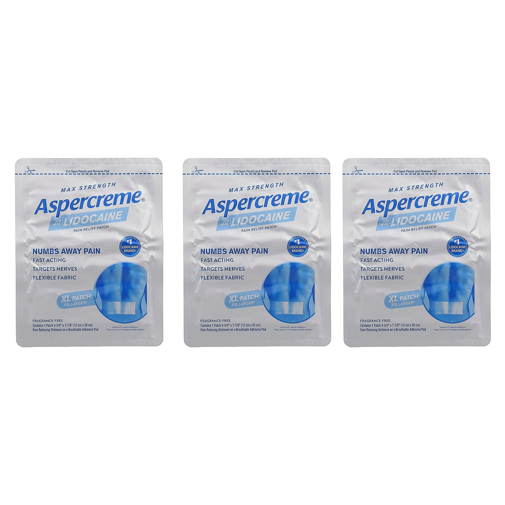 Aspercreme, обезболивающий патч, с 4% лидокаином, максимальная сила действия, размер XL, без отдушек, 3 шт.