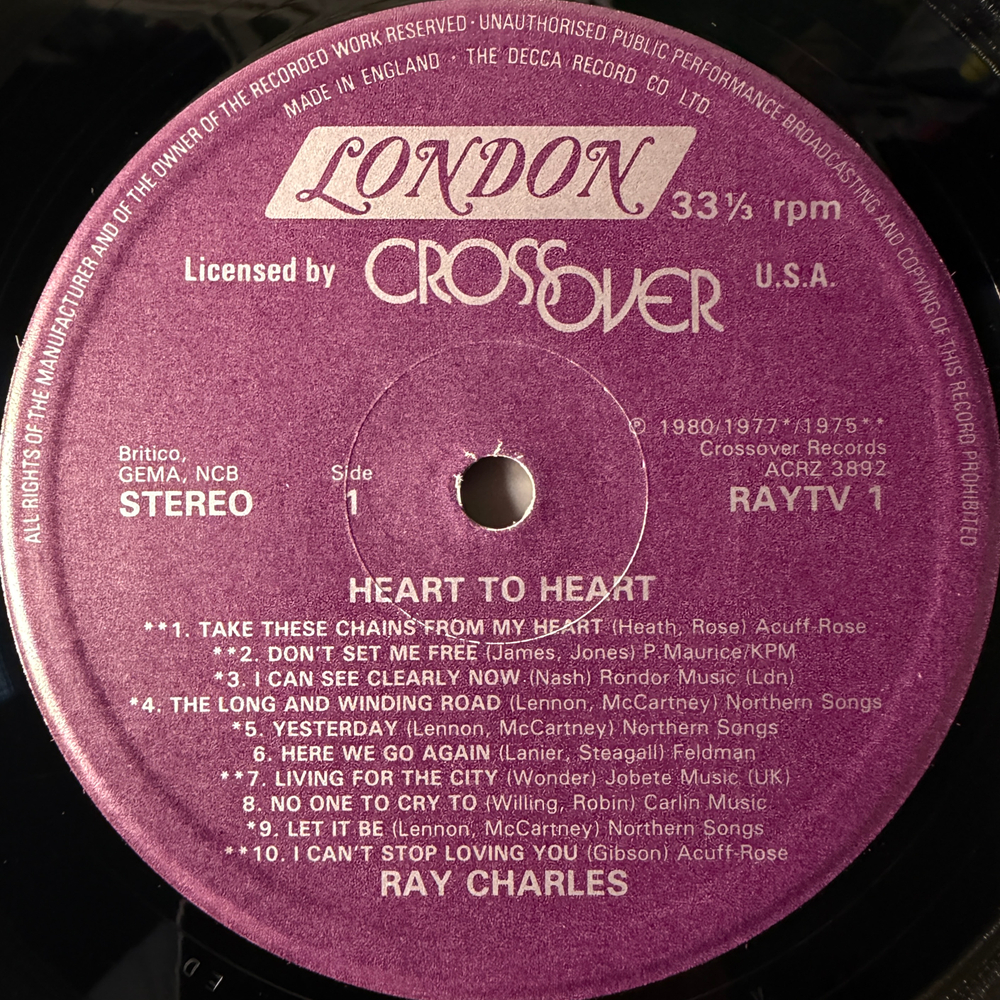 Ray Charles ‎– Heart To Heart (His 20 Hottest Hits) Англия 1980г. Т