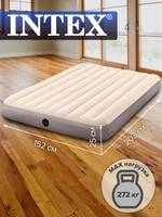Мaтрас нaдувной Intex 64144 Pillow Rest King 183х203х25 см / Крoвать нaдувная Интeкс двухспальная велюровая королевского размера со встроенным подголовником