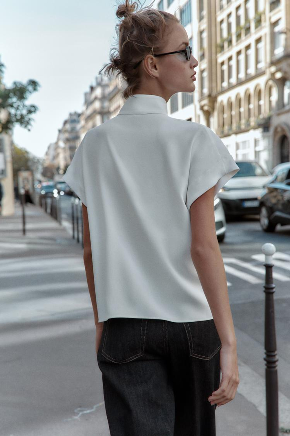 ZARA РУБАШКА С КОНТРАСТНЫМИ ПУГОВИЦАМИ, ЖЕЛТОВАТО-БЕЛЫЙ