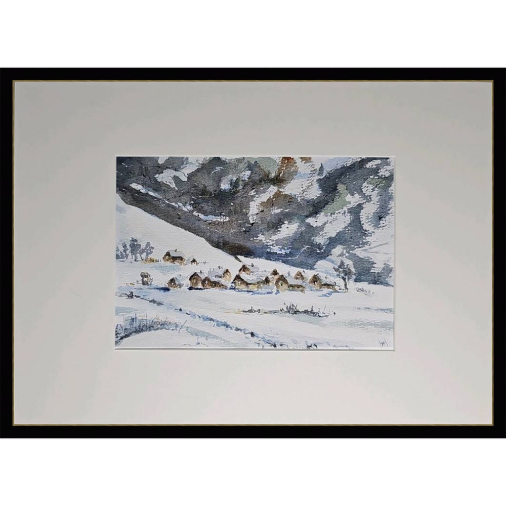 Картина авторская акварельная в паспарту 21х30 см на стену для интерьера "Деревенька"