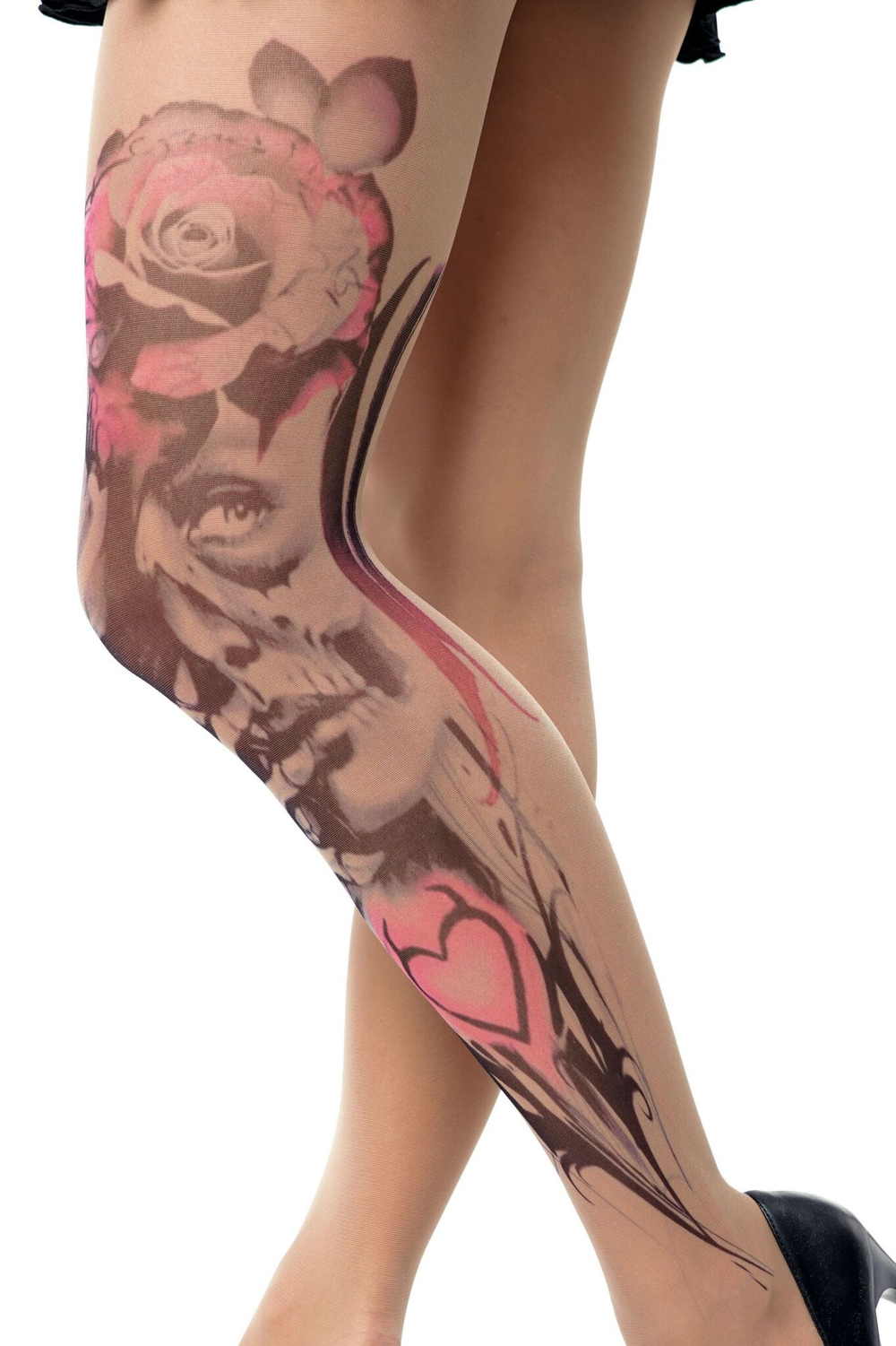 Колготки +size с принтом в виде девушки-калавера (Размер: XL-XXL-XXXL) (Цвет: бежевый)