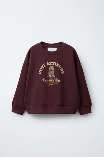 ZARA ТОЛСТОВКА С ПРИНТОМ СОБАКИ, БУРГУНДИ