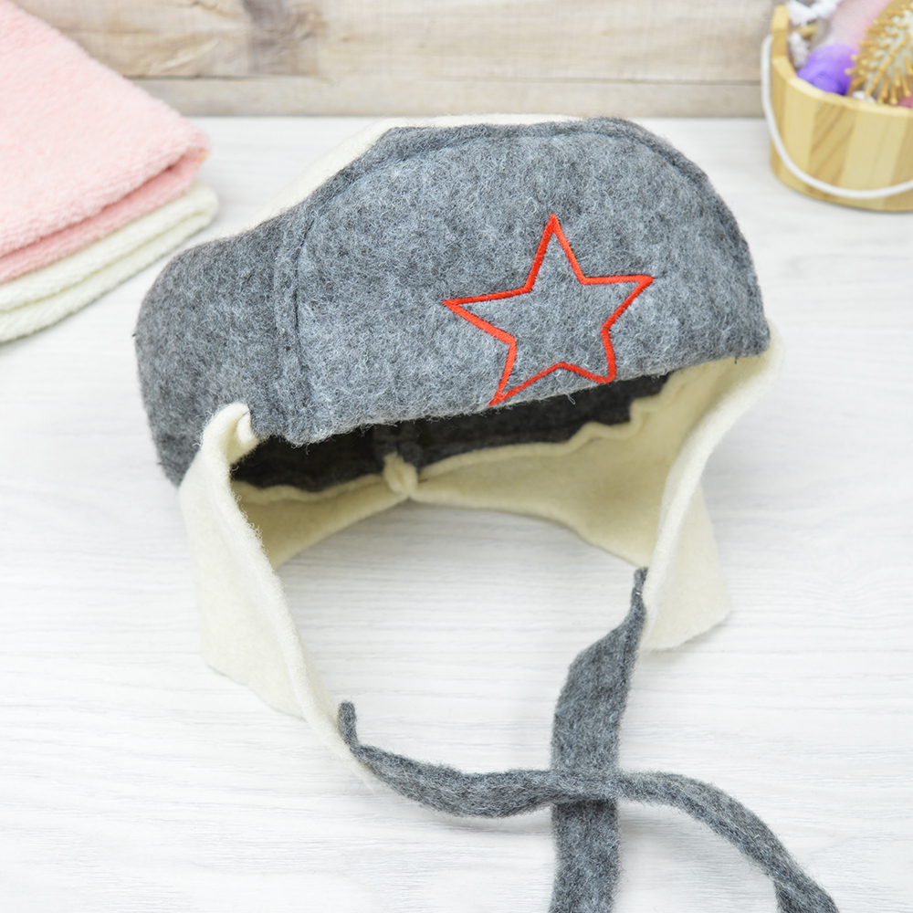 Шапка для бани модельная "Ушанка со звездой" тёмный верх, с вышивкой, тм "Бацькина баня"