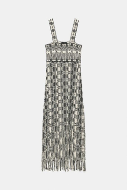 ZARA ТРИКОТАЖНОЕ ПЛАТЬЕ С БАХРОМОЙ, ЧЕРНЫЙ/БЕЛЫЙ