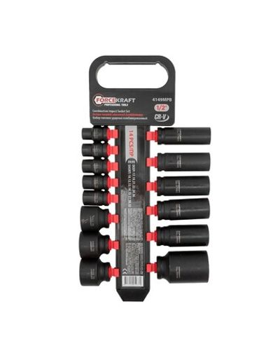 Набор головок ударных комбинированный 14пр.,1/2''(короткие:10,12-15,27,30,32мм,глубокие:17,19,21,22,24,36мм),на пластиковом держателе FORCEKRAFT FK-4149MPB