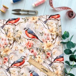 Ткань премиум дюспо птицы в цветущих ветвях