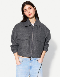 BERSHKA Мягкая укороченная куртка на молнии, темно-серый