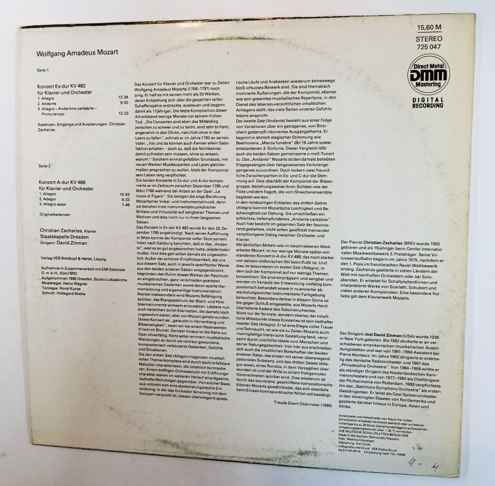 Винтажная виниловая пластинка LP Mozart В.А. Моцарт Klavierkonzerte Es dur and A dur Kv 488 (ГДР 1987)