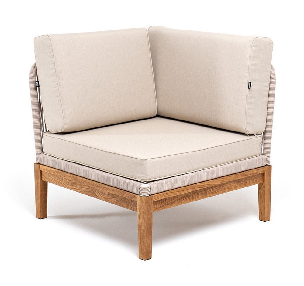 &quot;Канны&quot; угловой модуль плетеный из роупа, основание дуб, роуп бежевый круглый, ткань бежевая 15052