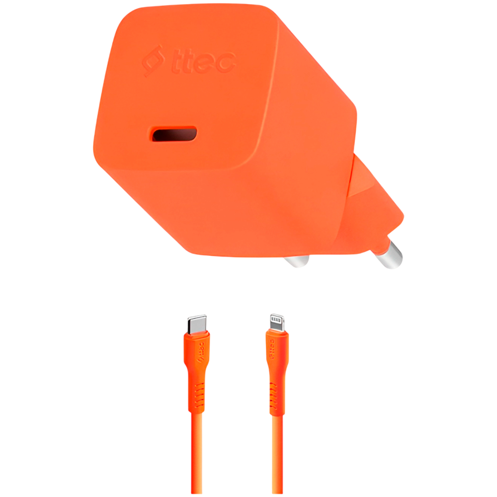 ttec SmartCharger GAN 20W PD Travel Fast Charger + USB-C - Lightning Cable 120cm, Neon Orange