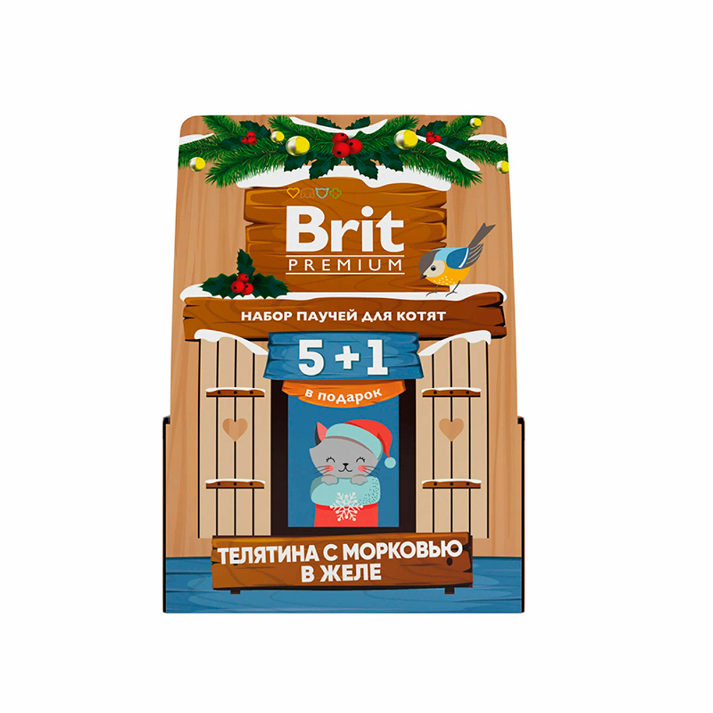Набор паучей Brit Premium с телятиной и морковью кусочки в желе, для котят, 5+1, кормушка, 510 г