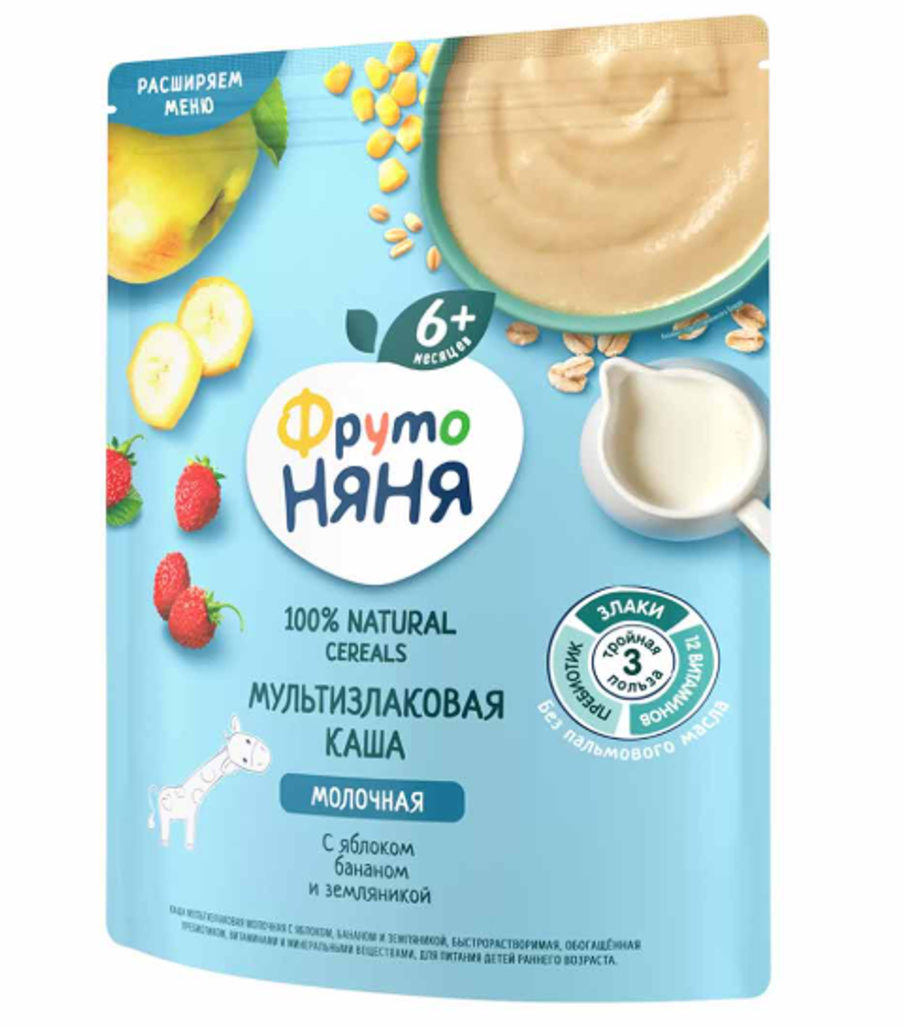 фруто няня мультизлаковая каша с яблоком бананом и земляникой  200г