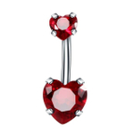 Украшение для пирсинга пупка "Два сердца" с красными кристаллами . Медицинская сталь